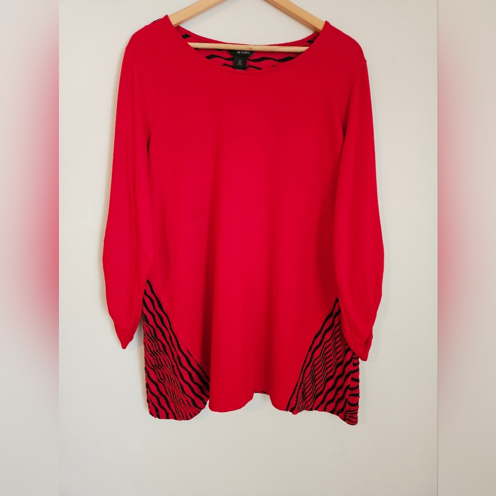 Ali Miles Tunic Top Red Striped Insets Ruched Sleeve Lagenlook Artsy XL